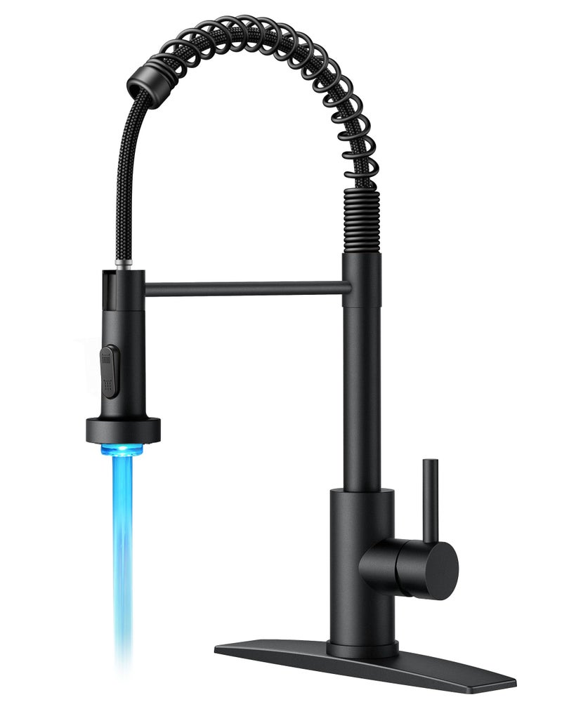 FORIOUS LED Kitchen Faucet with Pull Down Sprayer Black, Modern Single Handle Stainless Steel Commercial Spring Sink Faucet with LED Light for Pot Filler, Farmhouse Camper Bar Laundry Room - Image 1