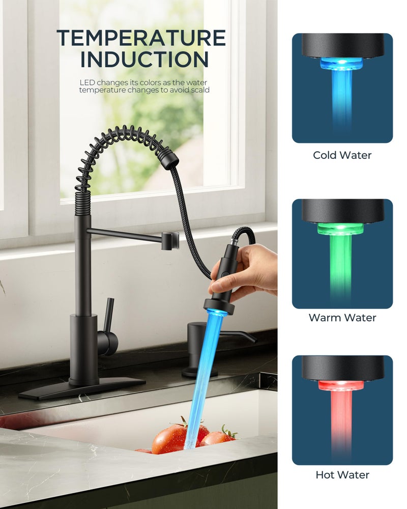 FORIOUS LED Kitchen Faucet with Pull Down Sprayer Black, Modern Single Handle Stainless Steel Commercial Spring Sink Faucet with LED Light for Pot Filler, Farmhouse Camper Bar Laundry Room - Image 3