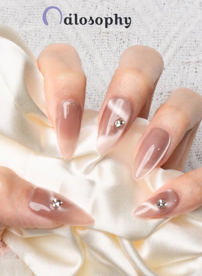 Nailosophy 10 Pcs Handmade Gel Press On Nails Long Almond Nude Pink White Wave Rhinestone Reusable False Nails Nail Kit for Women Daily Wear Office Wedding Eid Gift - Image 1