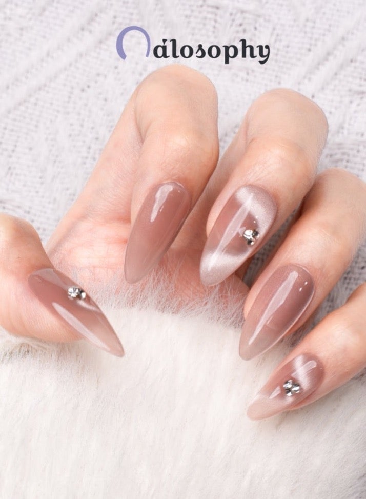 Nailosophy 10 Pcs Handmade Gel Press On Nails Long Almond Nude Pink White Wave Rhinestone Reusable False Nails Nail Kit for Women Daily Wear Office Wedding Eid Gift - Image 2
