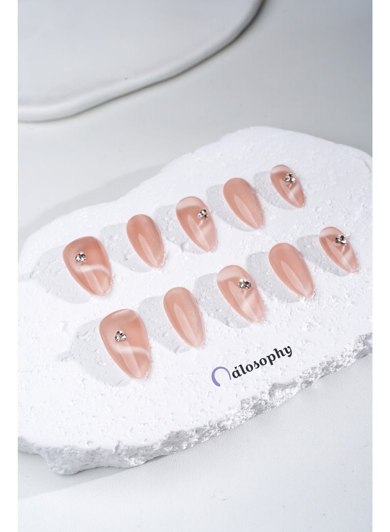 Nailosophy 10 Pcs Handmade Gel Press On Nails Long Almond Nude Pink White Wave Rhinestone Reusable False Nails Nail Kit for Women Daily Wear Office Wedding Eid Gift - Image 3