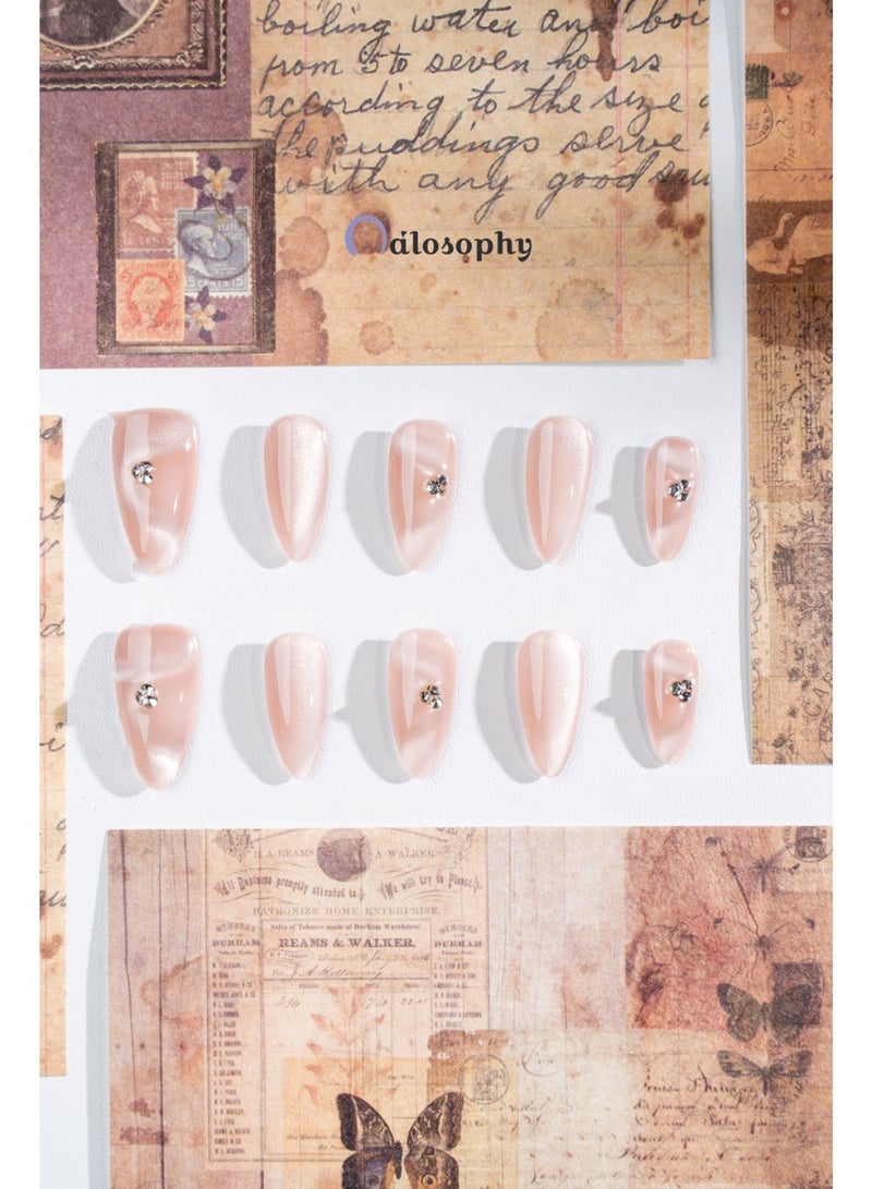 Nailosophy 10 Pcs Handmade Gel Press On Nails Long Almond Nude Pink White Wave Rhinestone Reusable False Nails Nail Kit for Women Daily Wear Office Wedding Eid Gift - Image 4