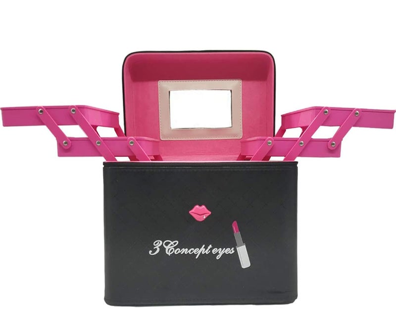 SIBY Pu Leather Makeup Cosmetics Storage Organizer With Mirror Makeup Vanity Box For Brushes Toiletries For Women Girls Double Sided 4 Layer Foldable Makeup Palette Organizer For Girl Pink - Image 1