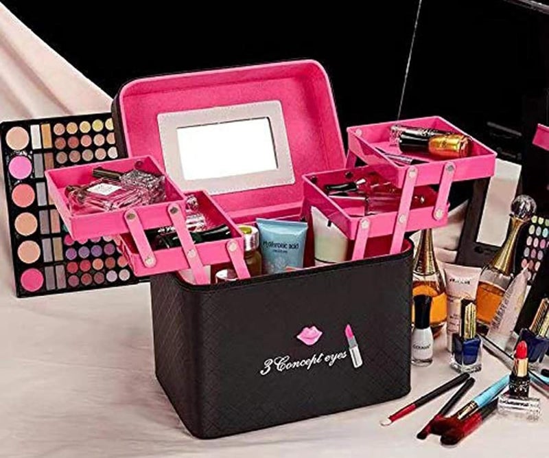 SIBY Pu Leather Makeup Cosmetics Storage Organizer With Mirror Makeup Vanity Box For Brushes Toiletries For Women Girls Double Sided 4 Layer Foldable Makeup Palette Organizer For Girl Pink - Image 4