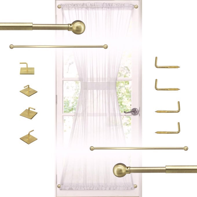 French Door Curtain Rods 2 Pack Adjustable 1628 Inch No Drill Adhesive or Screw Mount Brass Brushed 38 Diameter for Sheers