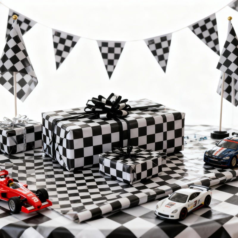 ZINTBIAL Checkered Flag Wrapping Paper Roll - Race Car Gift Wrap for Kids Birthday, Boys Girls Birthday, Baby Shower - 17 Inches x 16.5 Feet (24 sq. ft) - Image 5