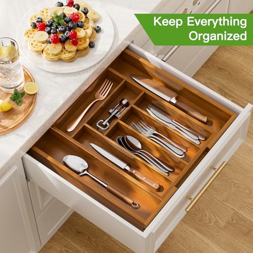 Pipishell Bamboo Expandable Drawer Organizer for Utensils Holder, Adjustable Silverware Organizer Cutlery Tray, Drawer Dividers for Utensils, Flatware, Knives in Kitchen, Bedroom, Living Room(M-Brown) - Image 3