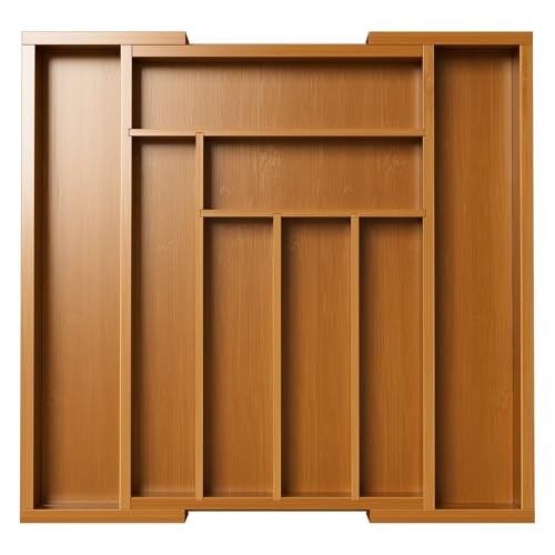 Pipishell Bamboo Expandable Drawer Organizer for Utensils Holder, Adjustable Silverware Organizer Cutlery Tray, Drawer Dividers for Utensils, Flatware, Knives in Kitchen, Bedroom, Living Room(M-Brown) - Image 1