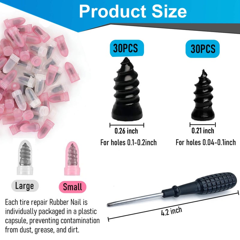 LOGOL 60 Pcs Tire Repair Rubber Nail, Tire Repair Rubber Nail Kit with Tire Glue,Tire Repair Screws are Suitable for Quickly Repairing Punctures in Car, Motorcycle, and SUV Tires - Image 2