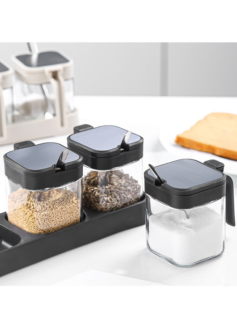 Relex 3 Pack Glass Seasoning Box with Tray, Clear Condiment Canister with Stainless Steel Lid and Spoon, Kitchen Spice Pot with Base, Salt Pepper Sugar Storage Container Jar Cruet for Kitchen, Counter, Food Storage  - Image 1