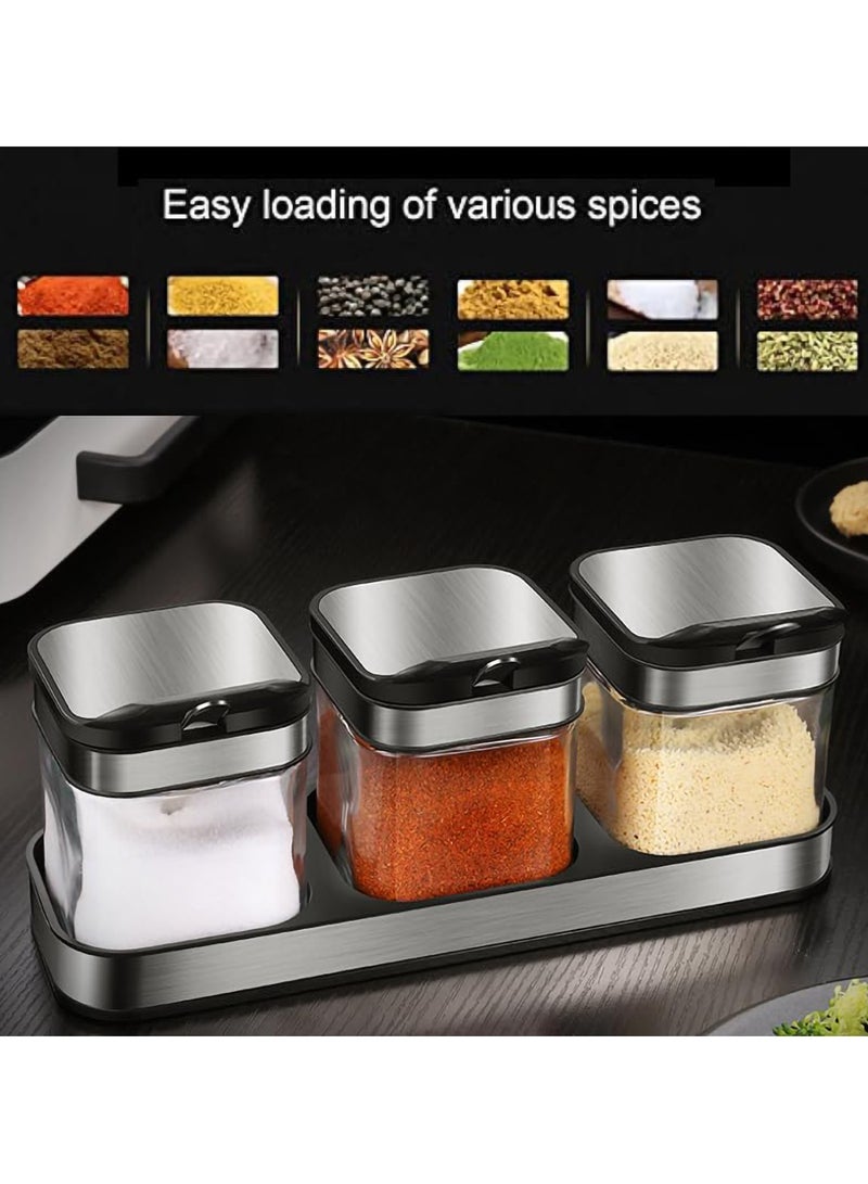 Relex 3 Pack Glass Seasoning Box with Tray, Clear Condiment Canister with Stainless Steel Lid and Spoon, Kitchen Spice Pot with Base, Salt Pepper Sugar Storage Container Jar Cruet for Kitchen, Counter, Food Storage  - Image 2