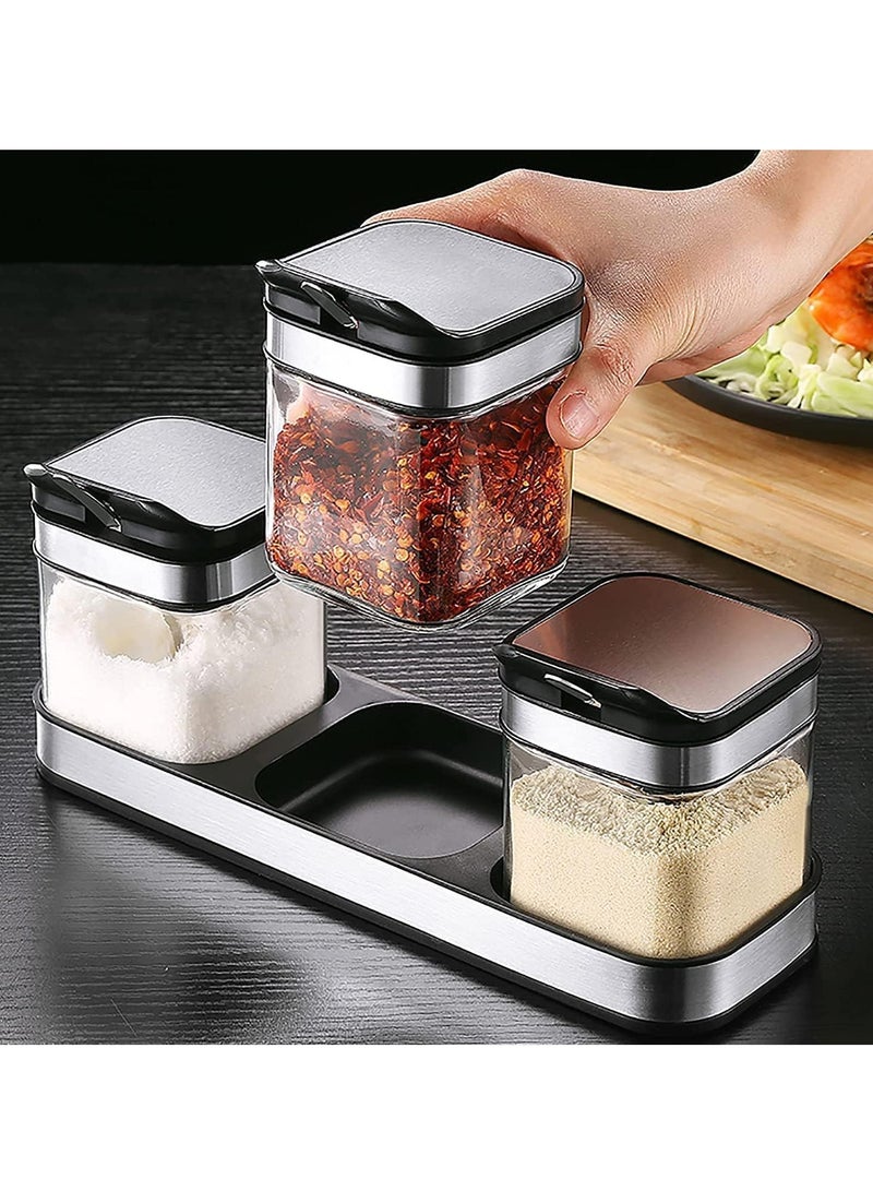 Relex 3 Pack Glass Seasoning Box with Tray, Clear Condiment Canister with Stainless Steel Lid and Spoon, Kitchen Spice Pot with Base, Salt Pepper Sugar Storage Container Jar Cruet for Kitchen, Counter, Food Storage  - Image 5
