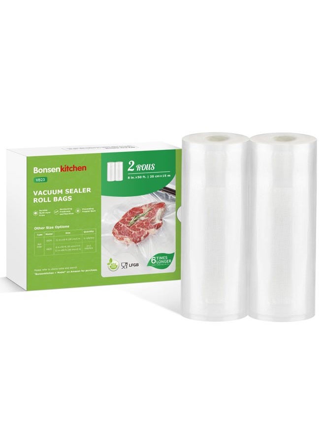 Bonsenkitchen Vacuum Sealer Bags Rolls, 8 in x 50 ft Rolls 2 pack Durable Food Sealer Bags, Commercial Grade, Heavy Duty, BPA Free, Seal a Meal, Great for Food Storage & Sous Vide Cooking, VB23 - Image 1