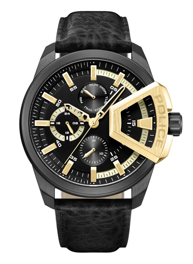 بوليس POLICE - Underlined Watch For Men Black and Gold Dial Black Leather Strap