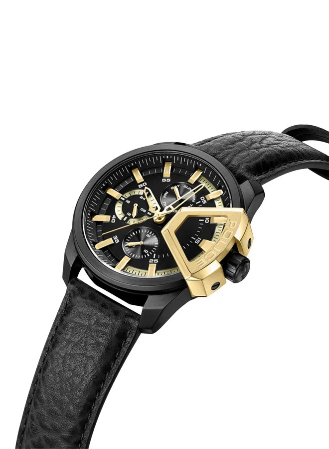 بوليس POLICE - Underlined Watch For Men Black and Gold Dial Black Leather Strap