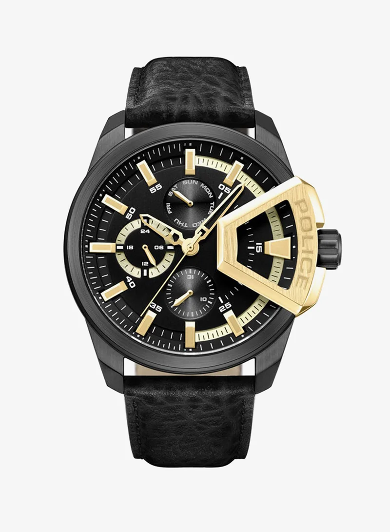 POLICE - Underlined Watch For Men Black and Gold Dial Black Leather Strap