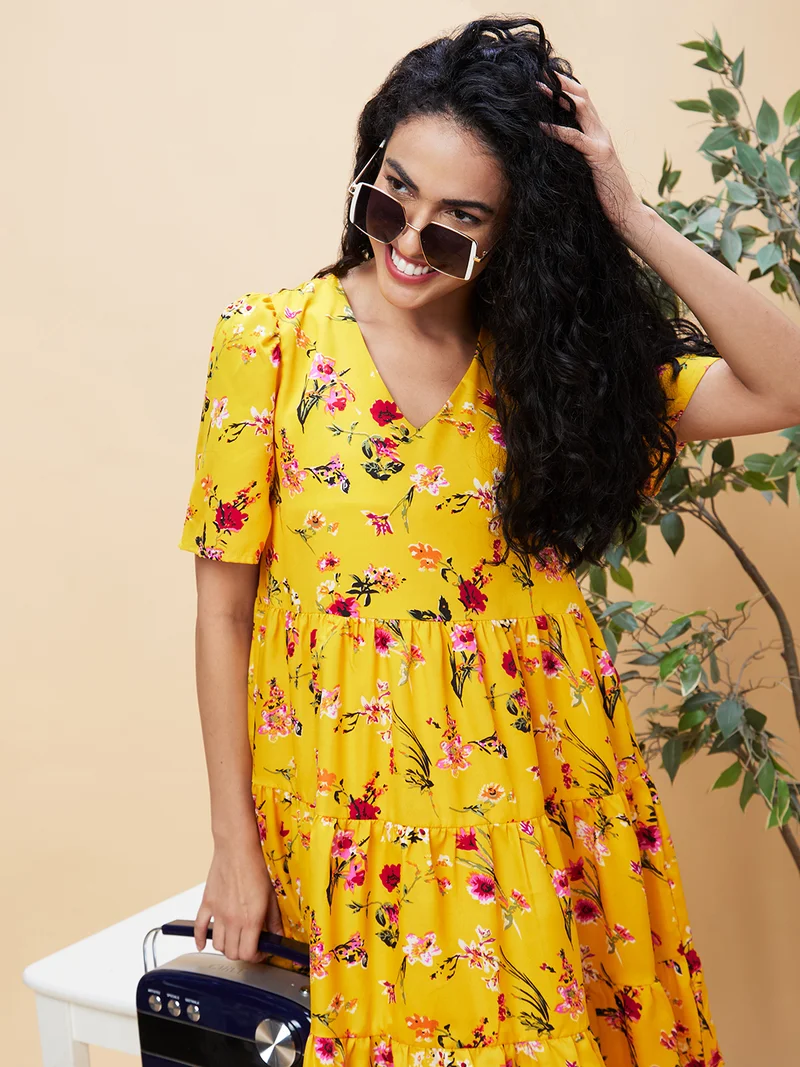 globus Globus Women Yellow Floral Printed Gathered Tiered A-Line Dress