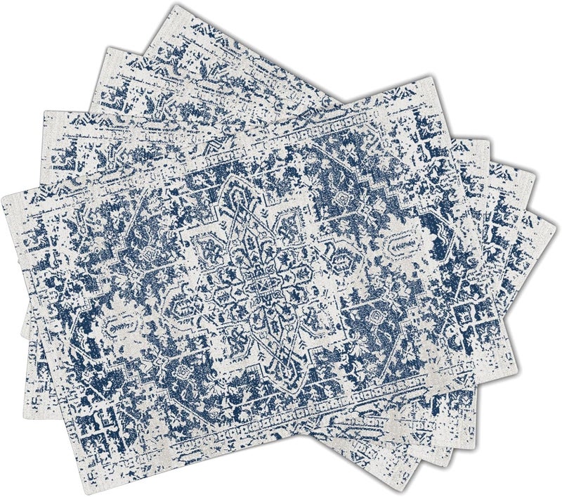 aportt Navy Blue Gray Boho Placemats Set of 4 Ethnic Bohemian Carpet Place Mats Washable Kitchen Dining Vintage Grey Geography Floral Linen Table Mats Stain HeatResistant for Home Party Indoor 12x18 in - Image 2