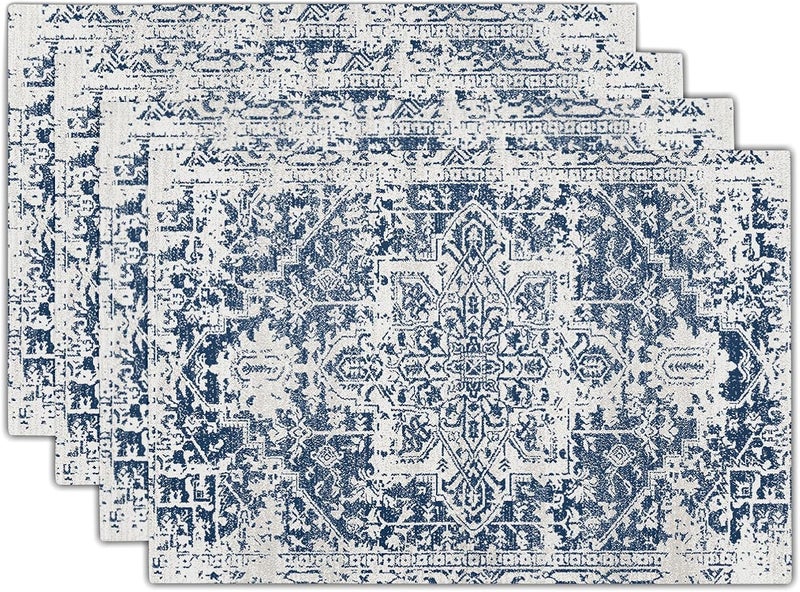 aportt Navy Blue Gray Boho Placemats Set of 4 Ethnic Bohemian Carpet Place Mats Washable Kitchen Dining Vintage Grey Geography Floral Linen Table Mats Stain HeatResistant for Home Party Indoor 12x18 in - Image 1