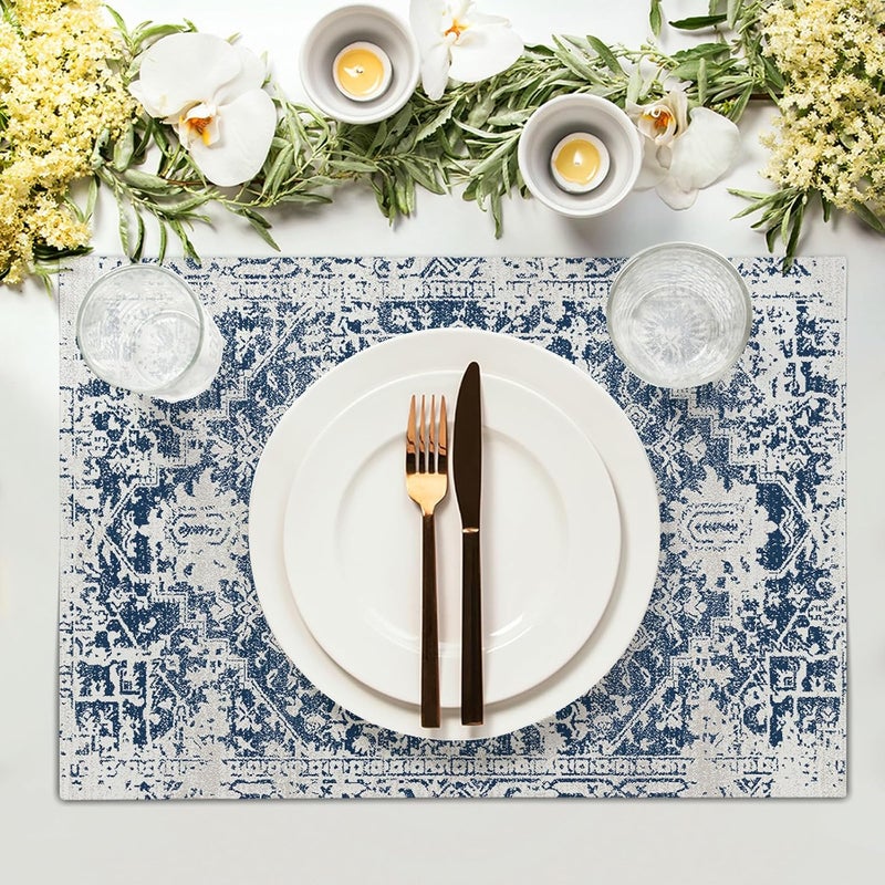 aportt Navy Blue Gray Boho Placemats Set of 4 Ethnic Bohemian Carpet Place Mats Washable Kitchen Dining Vintage Grey Geography Floral Linen Table Mats Stain HeatResistant for Home Party Indoor 12x18 in - Image 3