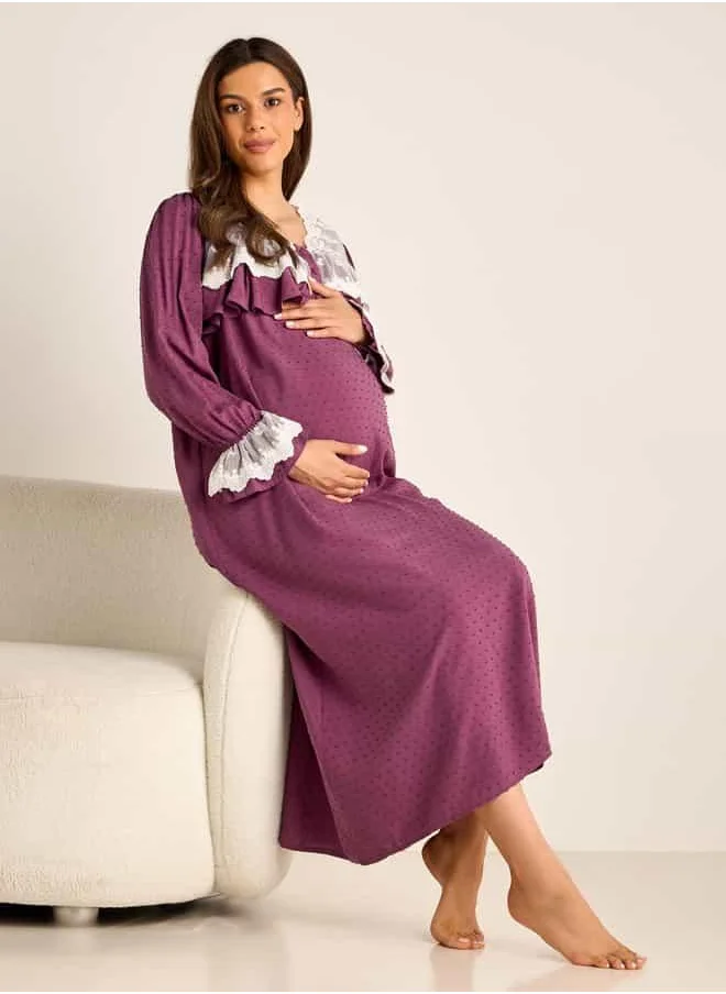 FAV Lace Detail Textured Maternity Dress with Long Sleeves