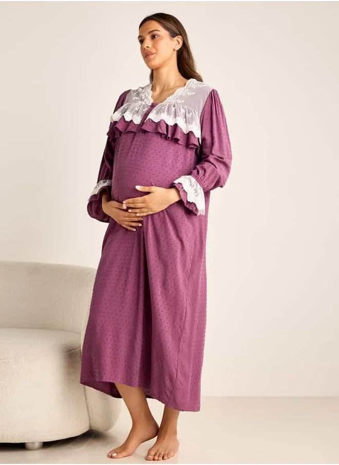 FAV Lace Detail Textured Maternity Dress with Long Sleeves