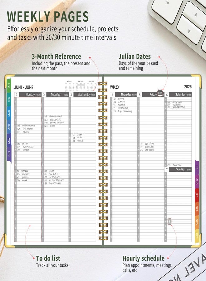Kamoy 2026 Appointment Book/Planner - 2026 Daily Hourly Planner from Jan. 2026 - Dec. 2026, Weekly appointment Book 2026, 2026 Hourly planner with 20-Minute Interval, 9" x 11", Twin-Wire Binding, Colorful Tabs, Pocket - Green - Image 4