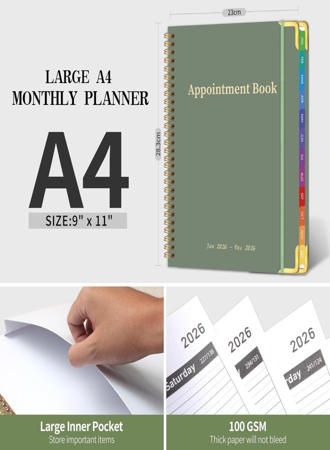 Kamoy 2026 Appointment Book/Planner - 2026 Daily Hourly Planner from Jan. 2026 - Dec. 2026, Weekly appointment Book 2026, 2026 Hourly planner with 20-Minute Interval, 9" x 11", Twin-Wire Binding, Colorful Tabs, Pocket - Green - Image 2