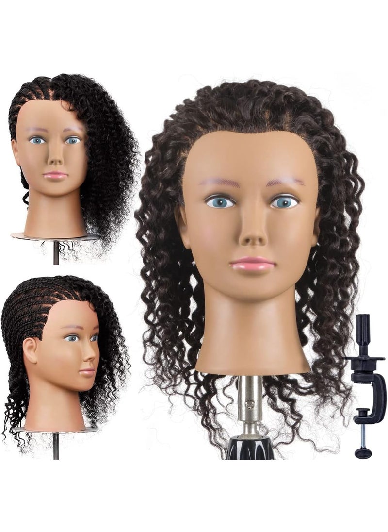 Newshair Mannequin Head 14"-16" 100% Human Hair Curly Hair Hairdresser Cosmetology Mannequin Manikin Training Head Hair and Free Clamp Holder (Blue Eyes) 