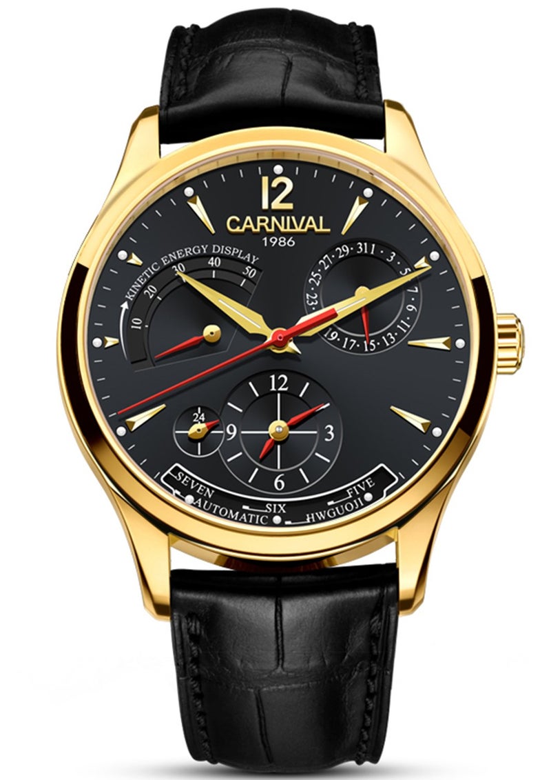 Carnival Mens Kinetic Display Automatic Machine Stainless Steel Sapphire Waterproof Leather Black Watch (Gold/Black Dial) - Image 1