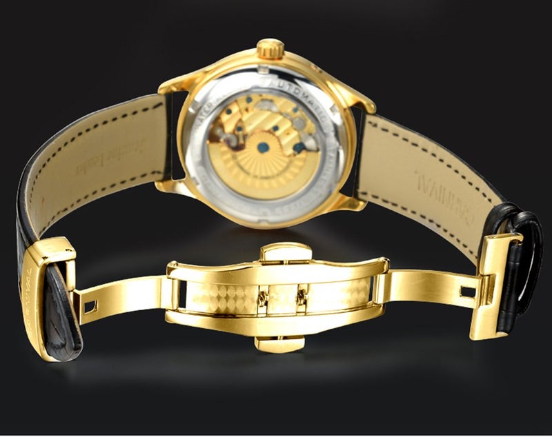 Carnival Mens Kinetic Display Automatic Machine Stainless Steel Sapphire Waterproof Leather Black Watch (Gold/Black Dial) - Image 5