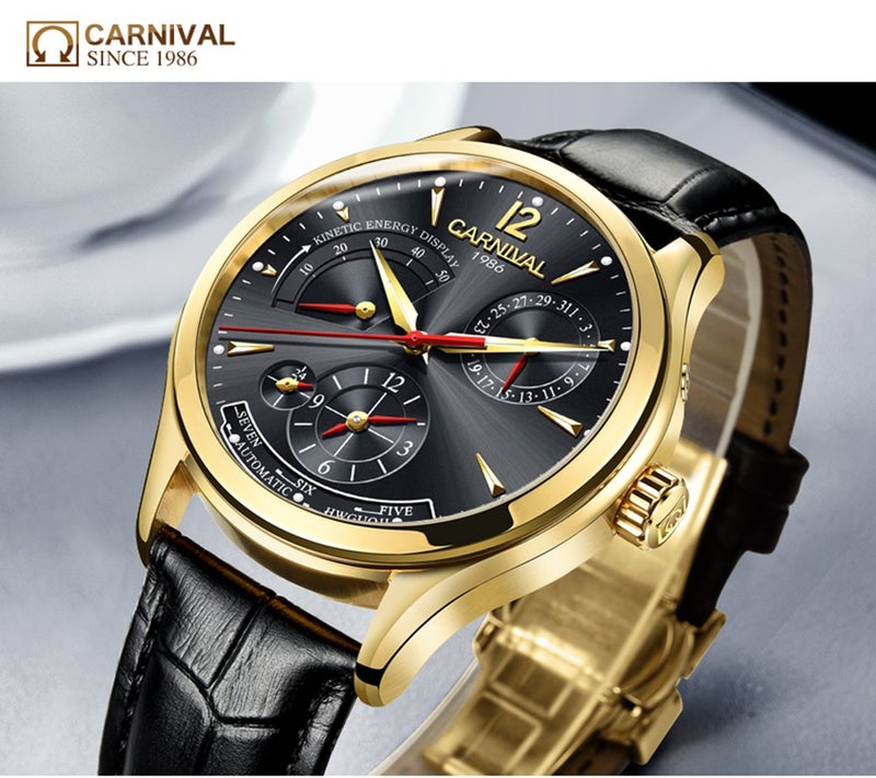 Carnival Mens Kinetic Display Automatic Machine Stainless Steel Sapphire Waterproof Leather Black Watch (Gold/Black Dial) - Image 4