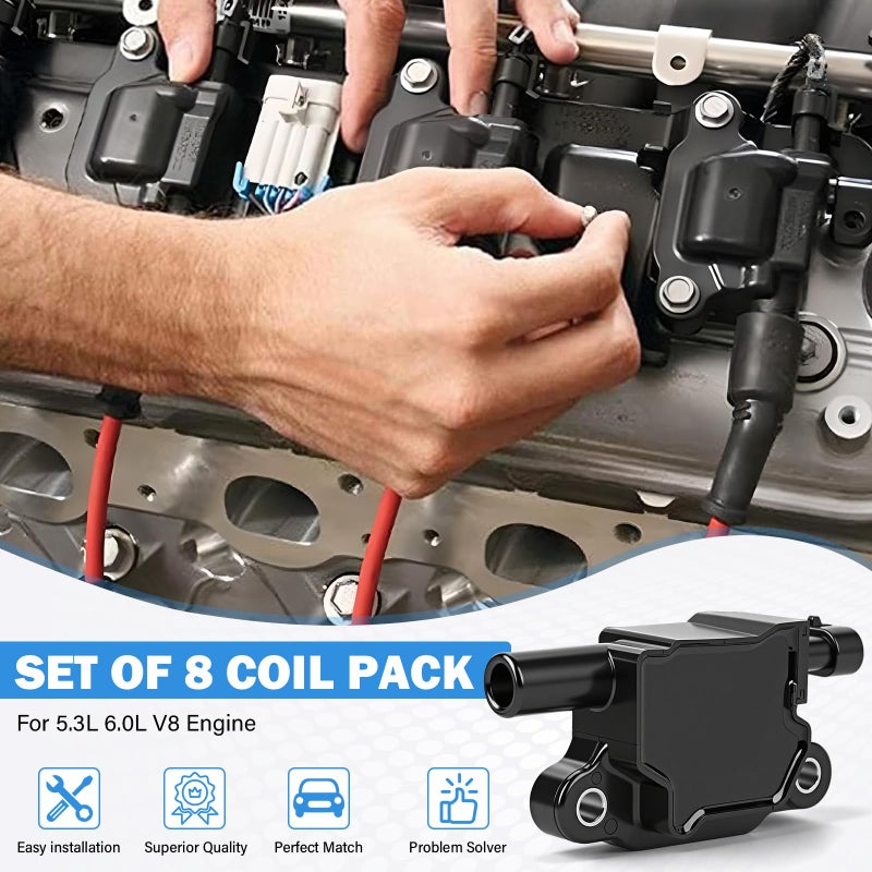 Yikesai 12611424 Ignition Coil Pack Compatible with Chevy Cadillac GMC Pontiac 5.3L 6.0L V8 Engine G8 Grand Prix H3 Silverado Tahoe Yukon Impala - Replace # 12570616 D510C UF413, set of 8 Ignition Coil - Image 3