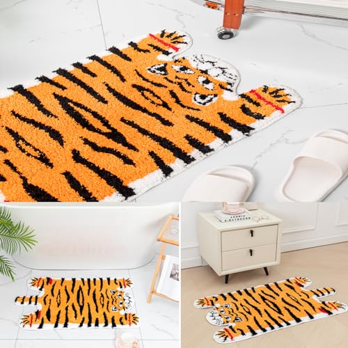 Seek4comfortable Cute Tiger Bath Mat, Orange Yellow Bathroom Rugs Non Slip Tiger Shaped Absorbent Bath Rug Cartoon Animal Bathroom Decor Plush Bathtub Rug for Shower Sink,19.7x35.5in - Image 5