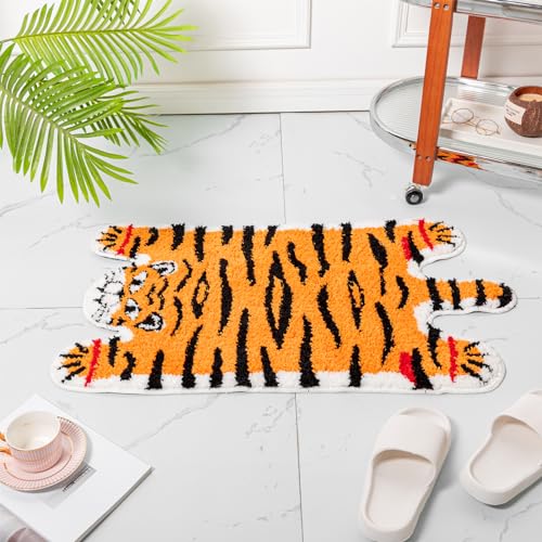 Seek4comfortable Cute Tiger Bath Mat, Orange Yellow Bathroom Rugs Non Slip Tiger Shaped Absorbent Bath Rug Cartoon Animal Bathroom Decor Plush Bathtub Rug for Shower Sink,19.7x35.5in - Image 2