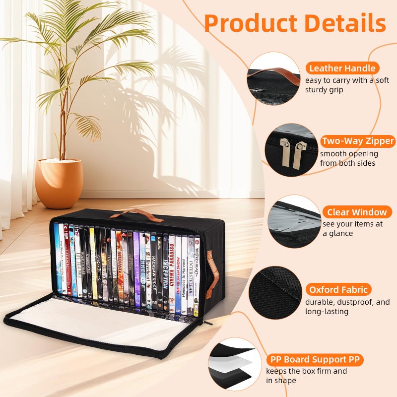 Frlanse 4 Pack DVD Storage Box, Stackable Oxford Fabric DVD Cases Holder with Front Zippered Clear Window and Handles, 15.7 x 7.9 x 6.1 In, Foldable DVD Organizer Rack, Holds Up to 100 DVDs (25 Each) - Image 3