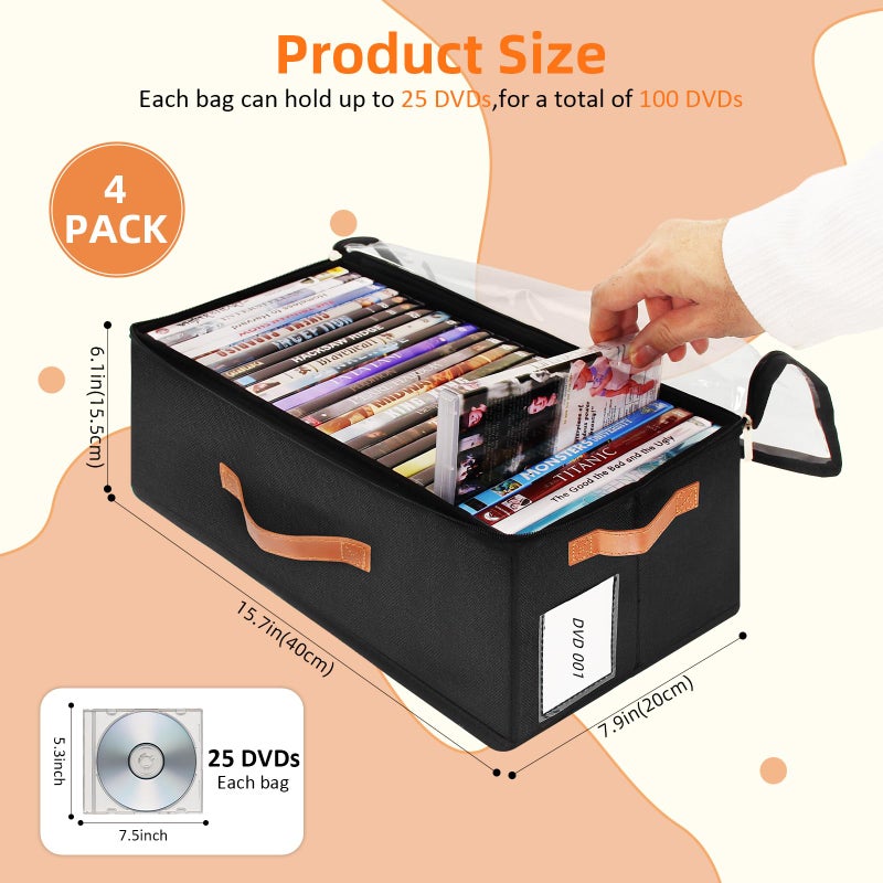 Frlanse 4 Pack DVD Storage Box, Stackable Oxford Fabric DVD Cases Holder with Front Zippered Clear Window and Handles, 15.7 x 7.9 x 6.1 In, Foldable DVD Organizer Rack, Holds Up to 100 DVDs (25 Each) - Image 2