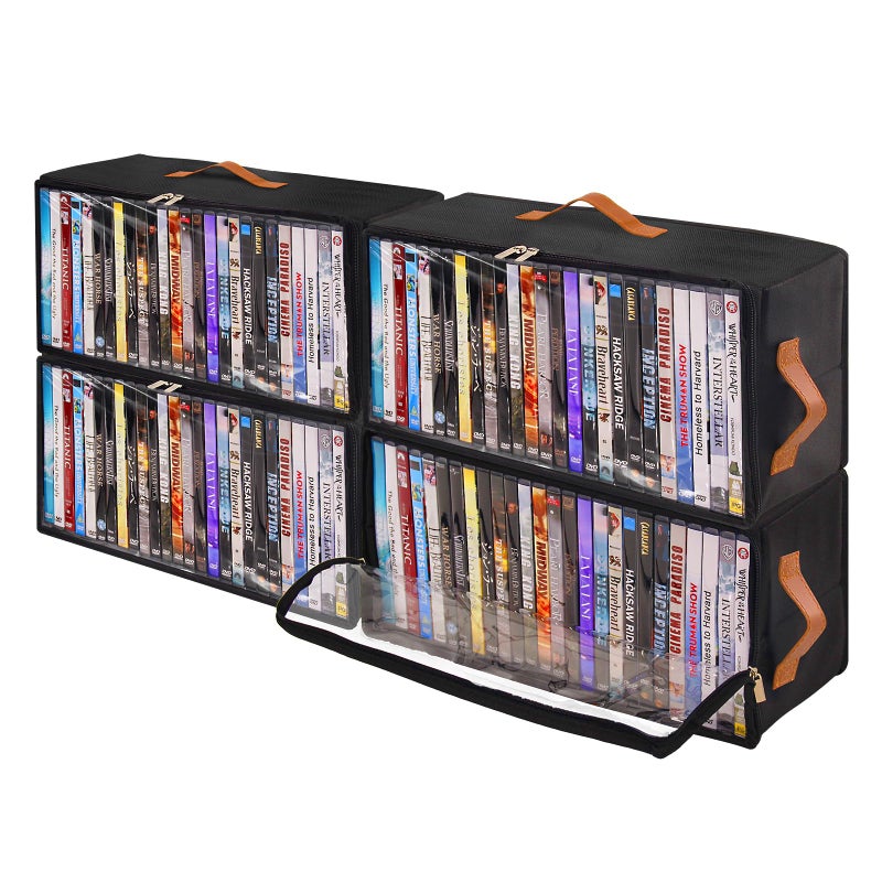 Frlanse 4 Pack DVD Storage Box, Stackable Oxford Fabric DVD Cases Holder with Front Zippered Clear Window and Handles, 15.7 x 7.9 x 6.1 In, Foldable DVD Organizer Rack, Holds Up to 100 DVDs (25 Each) - Image 1