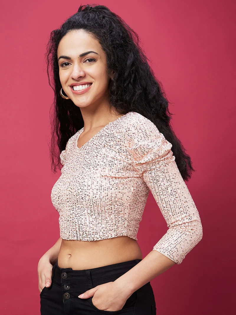 globus Globus Women Sequinned Stripe Party Crop Top