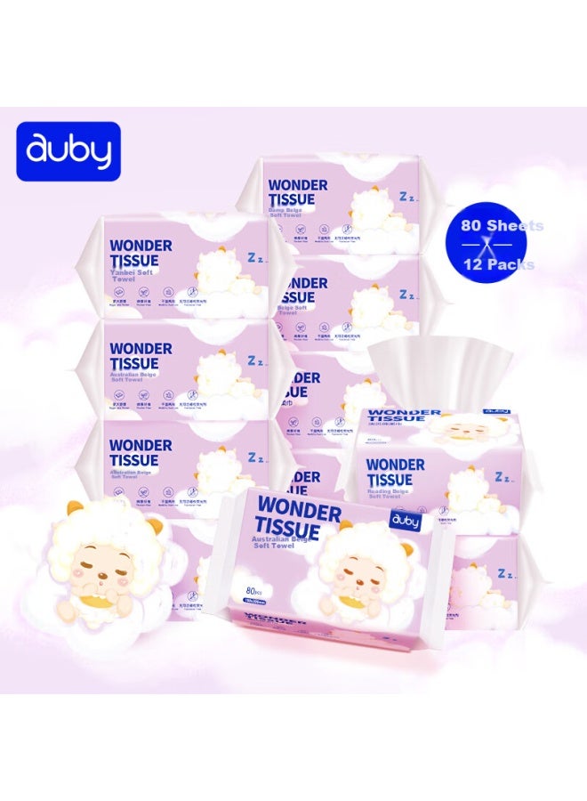 Auby Soft Wipes For Babies And Newborns, Disposable Face Cleansing Wipes, Thickened, For Both Dry And Wet Use, 80 Sheets * 12 Packs - Image 1