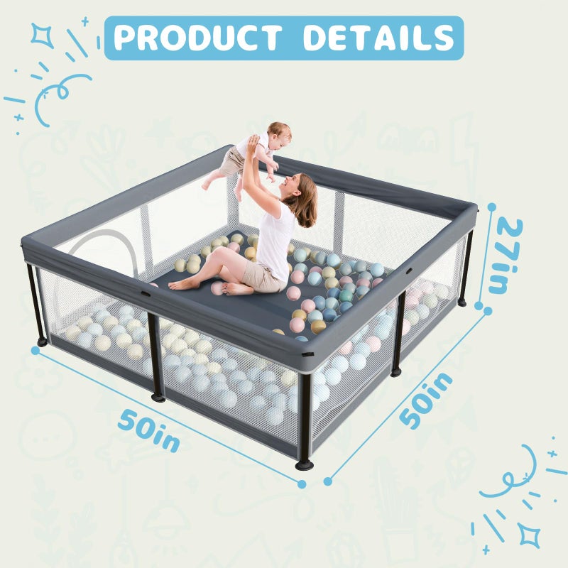 TOREVSIOR Foldable Baby Playpen with Mat, 50"Ã—50" Collapsible Play Pen for Babies and Toddlers, Indoor & Outdoor Kids Safety Play Pen, Portable Play Yard, Foldable Baby Playpen with 50 Ocean Balls - Image 3