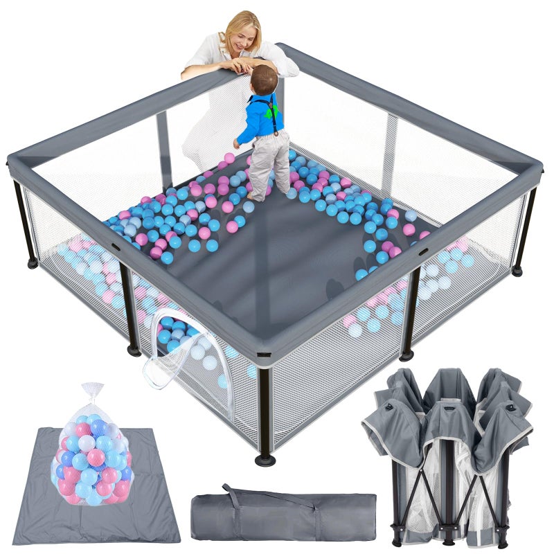 TOREVSIOR Foldable Baby Playpen with Mat, 50"Ã—50" Collapsible Play Pen for Babies and Toddlers, Indoor & Outdoor Kids Safety Play Pen, Portable Play Yard, Foldable Baby Playpen with 50 Ocean Balls - Image 1