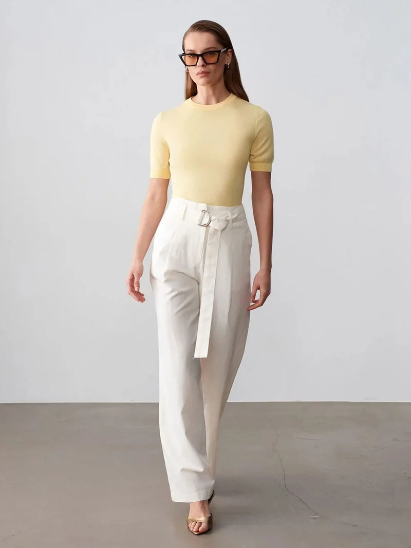 ديلفين DILVIN Belted Wide-Leg Linen Blend Trousers