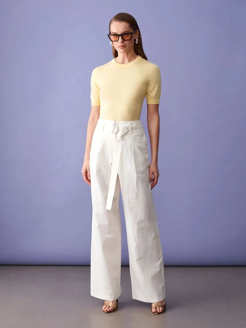 ديلفين DILVIN Belted Wide-Leg Linen Blend Trousers