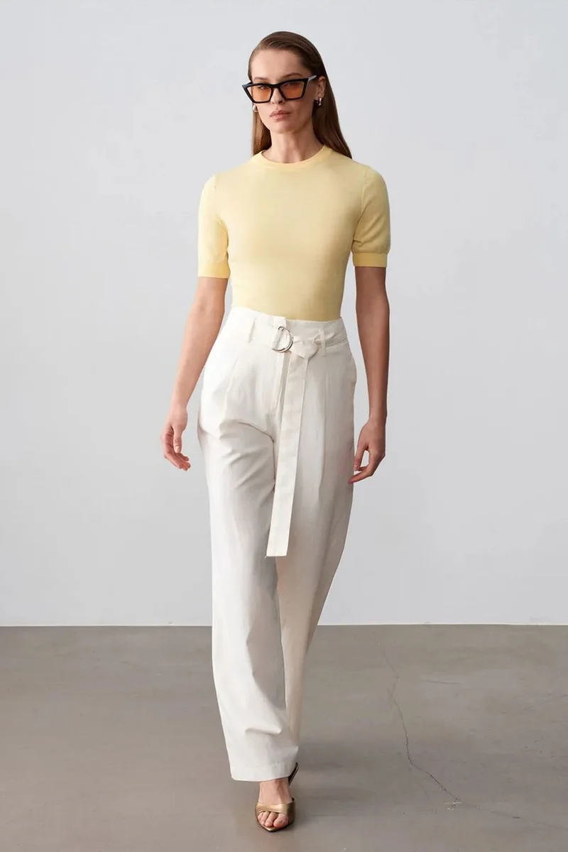 Dilvin Dusty White DILVIN Belted Wide-Leg Linen Blend Trousers for Women | Best Price UAE