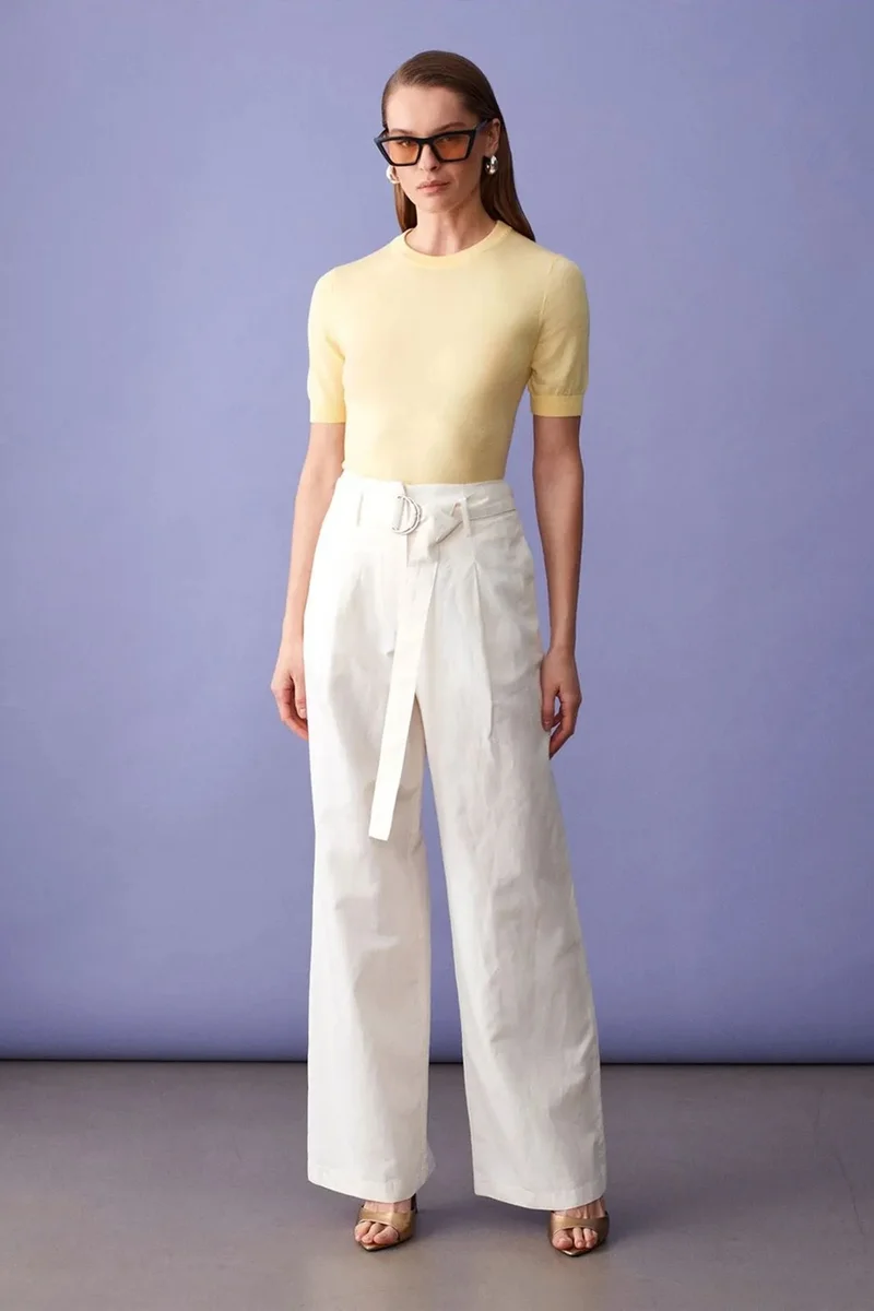 DILVIN Belted Wide-Leg Linen Blend Trousers