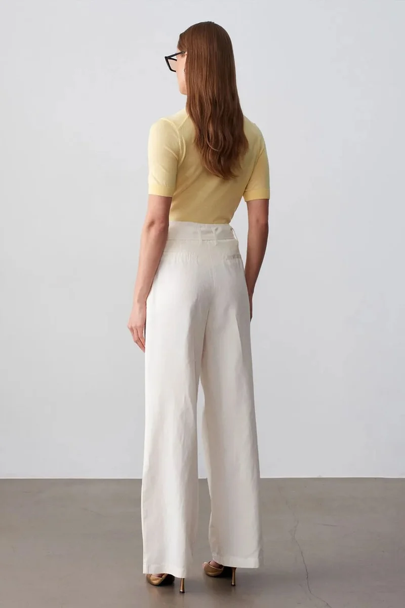 Dilvin Dusty White DILVIN Belted Wide-Leg Linen Blend Trousers for Women | Best Price UAE
