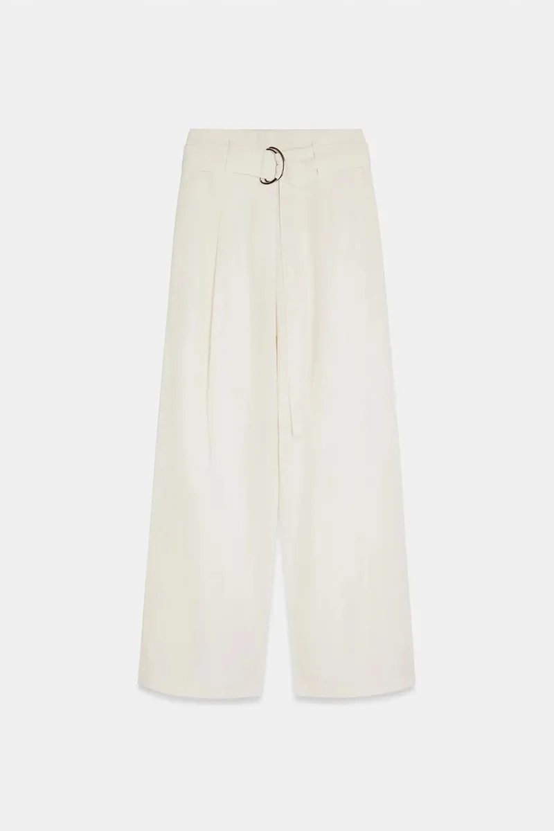 Dilvin Dusty White DILVIN Belted Wide-Leg Linen Blend Trousers for Women | Best Price UAE