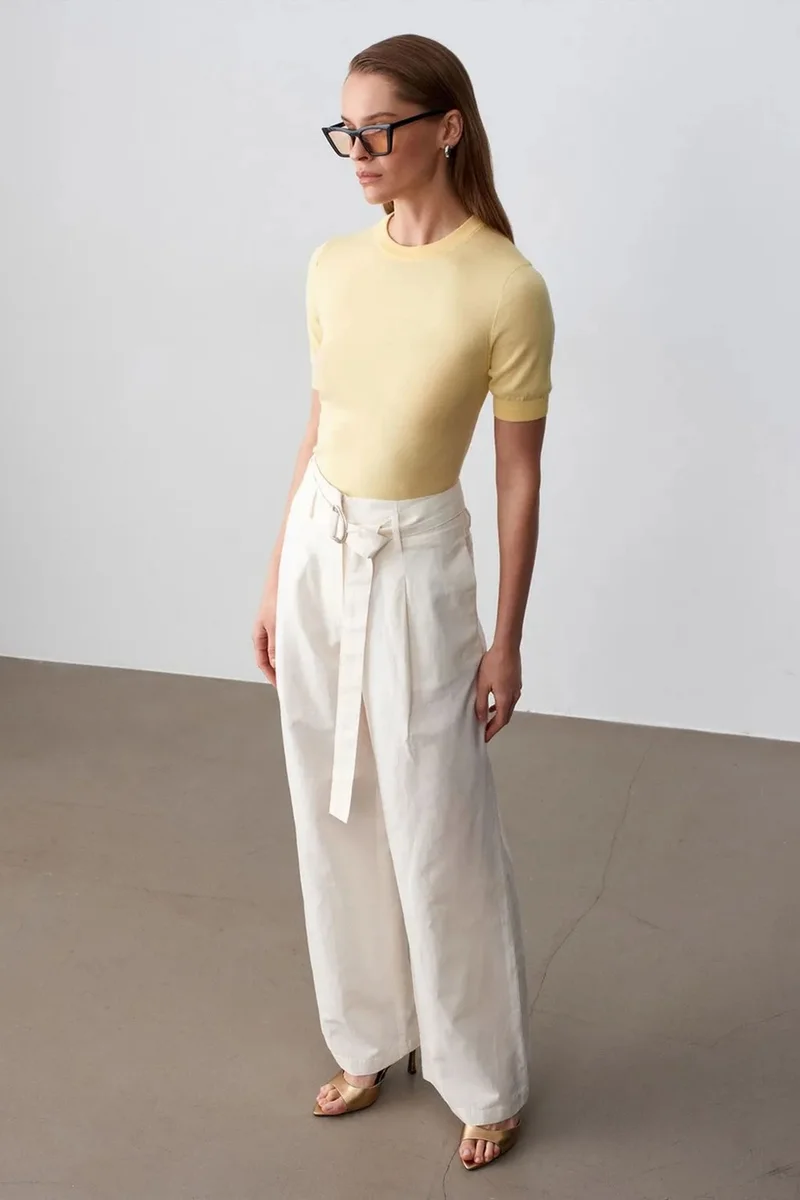 Dilvin Dusty White DILVIN Belted Wide-Leg Linen Blend Trousers for Women | Best Price UAE