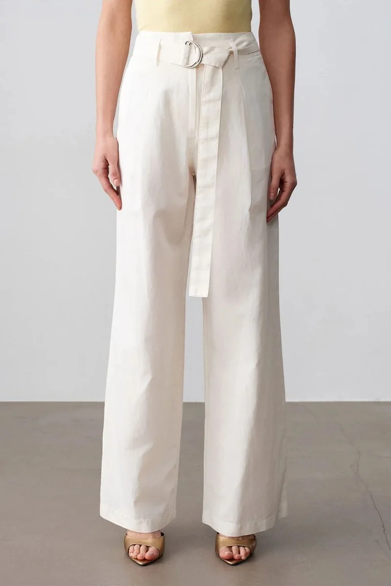 Dilvin Dusty White DILVIN Belted Wide-Leg Linen Blend Trousers for Women | Best Price UAE